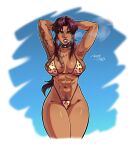  1girl abs absurdres alternate_skin_color animal_print arm_tattoo bikini black_lagoon breasts captainsmutty cigarette clenched_teeth collar commentary curvy dark-skinned_female dark_skin english_commentary female_pubic_hair hair_intakes highres large_breasts leopard_print leopard_print_bikini ponytail print_bikini pubic_hair revy_(black_lagoon) simple_background solo spiked_collar spikes standing swimsuit tattoo teeth thong toned toned_female tribal_tattoo yellow_eyes 