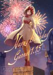  1girl aerial_fireworks arms_behind_back birthday black_hair bodysuit boots bow bowtie brown_eyes closed_mouth dated english_commentary final_fantasy final_fantasy_ix fireworks full_body garnet_til_alexandros_xvii happy_birthday highres looking_at_viewer night orange_bodysuit outdoors quichi_91 red_boots red_bow red_bowtie solo standing twitter_username white_hood 