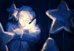  1boy artist_name blonde_hair blue_jacket chi.:_chikyuu_no_undou_ni_tsuite closed_eyes closed_mouth commentary english_commentary han_orb highres holding holding_star hugging_object jacket male_focus rafal_(chi.) short_hair sky smile star_(sky) star_(symbol) starry_sky upper_body 