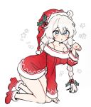  1girl 5rwpvc :o ahoge bare_shoulders blue_eyes boots breasts dress hashtag-only_commentary hat highres honkai_(series) honkai_impact_3rd kiana_kaslana large_breasts long_hair looking_at_viewer paw_pose red_boots red_dress red_hat santa_costume santa_dress santa_hat simple_background snowflakes solo very_long_hair white_background white_hair 