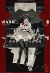  1girl absurdres animal_ears artist_name asymmetrical_legwear baichuan_baichuan bare_shoulders black_hair blood blood_on_neck breasts cleavage dated doll_joints dress full_body garter_straps grey_eyes headdress highres image_sample joints lips looking_at_viewer mihuashi_sample mini_person minigirl mismatched_legwear original paper parted_lips red_lips red_shoes sample_watermark shoes short_hair sidelocks sitting solo thighhighs typewriter watermark white_dress white_headdress wispy_bangs 