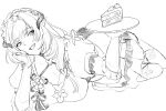  1girl breasts butterfly_hair_ornament cake cake_slice cleavage commentary_request dress elf elysia_(honkai_impact) elysia_(miss_pink)_(honkai_impact) elysia_(miss_pink_elf)_(honkai_impact) fake_horns food garter_straps gloves greyscale hair_ornament highres honkai_(series) honkai_impact_3rd horns large_breasts long_hair looking_at_viewer lying maid maid_headdress monochrome official_alternate_costume on_side open_mouth pointy_ears simple_background smile solo thighs very_long_hair yakmeephuawkaa 