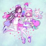  2girls bandages blue_background character_doll commentary_request cross danganronpa_(series) danganronpa_2:_goodbye_despair doll gloves hat heart heart-shaped_pillow hinata_hajime holding holding_syringe large_syringe latex latex_gloves multiple_girls nanami_chiaki nurse nurse_cap oversized_object pillow pink_hair syringe tsumiki_mikan uru_uruku usami_(danganronpa) 
