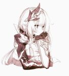  1girl arm_under_breasts breasts cleavage corset cropped_torso elf elysia_(honkai_impact) elysia_(miss_pink_elf)_(honkai_impact) gloves greyscale hair_ornament highres honkai_(series) honkai_impact_3rd large_breasts long_hair looking_to_the_side mi_(27782900) monochrome pointy_ears shrug_(clothing) simple_background smile solo very_long_hair 