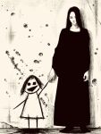  1girl 2girls black_dress black_hair black_nails black_outline child's_drawing dress full_body greyscale highres long_hair looking_at_viewer monochrome multiple_girls original outline solo tp_p_pt 