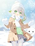  1girl absurdres beanie black_skirt blush brown_coat coat commentary day genshin_impact green_eyes green_shirt hair_between_eyes hair_ornament hat highres leaf_hair_ornament long_sleeves looking_at_viewer mittens multicolored_hair nahida_(genshin_impact) nana5863390 open_mouth outdoors pantyhose pointy_ears pom_pom_(clothes) pom_pom_beanie scarf shirt skirt snow snowing snowman solo star-shaped_pupils star_(symbol) symbol-shaped_pupils twitter_username white_hair white_hat white_mittens white_pantyhose white_scarf 
