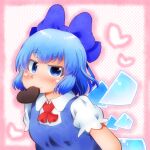  blue_bow blue_dress blue_eyes blue_hair blush bow chocolate cirno commentary_request detached_wings dress food food_in_mouth hair_bow heart heart-shaped_food highres ice ice_wings looking_at_viewer matty_(zuwzi) pinafore_dress puffy_short_sleeves puffy_sleeves shirt short_sleeves sleeveless sleeveless_dress touhou upper_body valentine white_shirt wings 