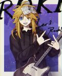  1boy ;d \m/ abstract_background alternate_costume anonymous1203 black_hoodie blonde_hair blue_eyes border braid electric_guitar epic_battle_fantasy gesture guitar highres holding holding_guitar holding_instrument hood hoodie instrument male_focus matt_(epic_battle_fantasy) one_eye_closed paper_on_head purple_background purple_sky side_braids sidelocks sky smile star_(sky) starry_sky teeth upper_teeth_only 