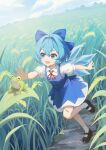  1girl absurdres aqua_hair bandaid bandaid_on_leg black_shoes blue_dress blue_ribbon chinese_commentary cirno collared_shirt commentary_request dress frog full_body god_mang grass hair_between_eyes hair_intakes hair_ribbon highres ice ice_wings neck_ribbon open_mouth outdoors puffy_sleeves red_ribbon ribbon running shirt shoes short_hair smile socks solo tall_grass touhou white_shirt white_socks wings 
