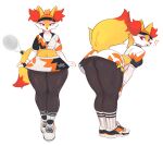  anthro big_butt bottomwear braixen butt clothed clothing female fur generation_6_pokemon hi_res interrobang nintendo pokemon pokemon_(species) solo tennis_racket topwear ttothep_arts yellow_body yellow_fur 
