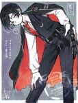  1boy aoya_(ayoyame18) black_hair black_jacket black_pants border commentary_request holding holding_weapon jacket leaning_forward limbus_company looking_at_viewer male_focus necktie outside_border pants project_moon red_jacket red_necktie short_hair solo standing torn_clothes torn_jacket translation_request two-sided_fabric two-sided_jacket watermark weapon white_border yi_sang_(project_moon) 