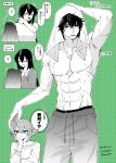  1boy 2girls abs admiral_(kancolle) arm_up blush commentary_request dated dog_tags green_background greyscale_with_colored_background highres jewelry kantai_collection machi_(ritovoyage) male_focus multiple_girls muscular muscular_male mutsu_(kancolle) nagato_(kancolle) ring scar sweater topless_male towel translation_request twitter_username wet 