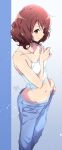  1girl blue_pants breasts brown_hair collarbone dated denim hibike!_euphonium highres jeans navel nii_manabu oumae_kumiko panties pants panty_peek short_hair small_breasts solo stomach tank_top underwear unzipped white_tank_top 