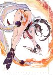  1girl ass bare_shoulders bent_over breasts brown_eyes brown_hair character_name cleavage commentary_request fatal_fury fingerless_gloves fire folded_fan folding_fan full_body gloves hand_fan hanging_breasts high_ponytail highres holding japanese_clothes large_breasts loiza long_hair looking_at_viewer ninja pelvic_curtain ponytail revealing_clothes rope shiranui_mai socks solo tabi thighs white_background 