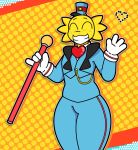 blue_clothing blue_hat blue_headwear blue_suit bugisinx_(artist) clothed clothing epic_games eyes_closed fortnite freckled_face freckles fully_clothed gloves gloves_(marking) handwear hat headgear headwear heart_symbol hi_res holding_object human humanoid male mammal markings not_furry scepter smile solo suit thick_thighs waving_hand white_clothing white_gloves white_handwear wonkee_(fortnite) yellow_body yellow_skin