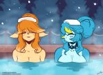 2026 anthro avian bird blue_body blue_hair blush breasts canid canine ceroba_ketsukane collarbone duo eyebrow_through_hair eyebrows eyes_closed female fox hair hair_bun hot_spring jewelry lyorenth-the-dragon mammal martlet_(undertale_yellow) necklace nude onsen orange_hair partially_submerged snow towel towel_on_head translucent translucent_hair undertale_yellow water
