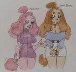 2020 anthro big_breasts blush bottomwear breast_size_difference breasts brown_body brown_fur canid canine canis circle_eyebrows cleavage_cutout clothing collar curly_hair cutout domestic_dog duo eyebrows eyelashes eyeshadow female fur hair halter_top jewelry lewdersheep macaron_(lewdersheep) makeup mammal mont_blanc_(lewdersheep) painting_(artwork) pawpads pink_body pink_fur poodle sibling_(lore) simple_background skirt smile sweater text topknot topwear twins_(lore) waist_belt watercolor_(artwork) wide_hips