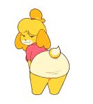 alpha_channel animal_crossing animated anthro big_butt black_eyes black_nose blush blush_stickers bottomwear breasts butt canid canine canis clothing dipstick_tail domestic_dog female floppy_ears fur hi_res isabelle_(animal_crossing) looking_at_viewer looking_back looking_back_at_viewer lop_ears mammal markings navipal nintendo pattern_clothing pattern_topwear pink_clothing pink_topwear shih_tzu simple_background skirt smile solo tail tail_markings tan_bottomwear tan_clothing tan_skirt thick_thighs topwear toy_dog transparent_background white_body white_fur wide_hips