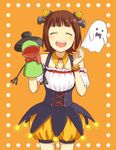  amami_haruka bloomers bracelet brown_hair closed_eyes corset hair_ornament halloween halloween_tricker_(idolmaster) hand_puppet idolmaster idolmaster_(classic) idolmaster_2 jewelry open_mouth puppet risakko3 smile solo underwear 