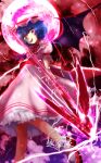  1girl absurdres akisawa_r ascot bat_wings blue_hair blush dress hat hat_ribbon highres holding holding_polearm holding_weapon mob_cap moon nail_polish open_mouth polearm puffy_sleeves red_eyes red_moon red_nails red_ribbon red_shoes remilia_scarlet ribbon shoes short_hair short_sleeves smile socks solo spear spear_the_gungnir touhou vampire watermark weapon white_dress white_socks wings 