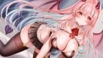  all_fours amane_ruri arm_garter black_thighhighs blush breasts bustier demon_girl demon_horns demon_wings detached_collar dutch_angle garter_belt horns large_breasts long_hair miniskirt original pink_hair pleated_skirt pointy_ears red_eyes skirt smile thighhighs wings 