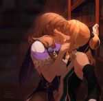  2girls bare_shoulders black_pantyhose blonde_hair bookshelf breasts brown_hair closed_eyes commentary detached_sleeves english_commentary french_kiss genshin_impact hand_on_another's_face highres indoors jean_(genshin_impact) kiss large_breasts light_particles lilac_alien lisa_(genshin_impact) long_hair multiple_girls pantyhose ponytail twitter_username yuri 
