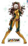  1girl belt bodysuit breasts brown_hair closed_eyes colored_bangs full_body gloves green_bodysuit gymnopedies2 highres jacket large_breasts long_hair marvel marvel_rivals multicolored_bodysuit multicolored_hair rogue_(x-men) smile solo superhero_costume two-tone_bodysuit two-tone_hair white_hair x-men yellow_bodysuit yellow_gloves 