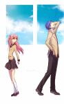  1boy 1girl alternate_costume angel_beats! back-to-back blazer blue_hair brown_jacket brown_shoes brown_skirt closed_eyes commentary_request height_difference hetero highres hinata_hideki jacket kimura_shiki long_hair looking_at_another looking_back necktie open_mouth pink_hair red_eyes red_necktie revision school_uniform shoes short_hair skirt socks standing two_side_up white_socks yui_(angel_beats!) 