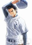  1boy absurdres ace_of_diamond arm_up baseball_cap baseball_mitt baseball_uniform belt black_belt black_hair commentary_request grin hat highres holding holding_unworn_clothes holding_unworn_hat kusatakesi male_focus pants sanada_shunpei shirt shirt_tucked_in short_hair sideburns simple_background smile solo sportswear striped_clothes striped_pants striped_shirt sweat teeth unworn_hat unworn_headwear vertical-striped_clothes vertical-striped_pants vertical-striped_shirt watermark white_background white_pants white_shirt 