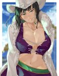  1girl black_hair blurry blurry_background breasts cleavage closed_mouth coat cowboy_shot cross-laced_clothes cross-laced_top fuji_1w fur-trimmed_coat fur_trim hat highres large_breasts making-of_available medium_hair midriff navel nico_robin one_piece outdoors purple_shirt purple_skirt shirt skirt smile solo white_coat white_hat 