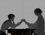  1boy 1girl black_hair chinese_commentary commentary_request cowboy_shot from_side fuura_kafuka glasses grey_background highres holding_hands itoshiki_nozomu japanese_clothes kimono looking_at_another monochrome neckerchief sayonara_zetsubou_sensei school_uniform serafuku short_hair sitting spot_color string string_of_fate table teacher_and_student yeluo_black 