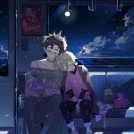  2boys alternate_costume animal animification bishounen black_pants borrowed_clothes brown_coat brown_hair cat chicken_(minecraft) choker closed_eyes clover coat commentary couple crossdressing crossdressing_(mtf) crown dress drink feet_out_of_frame flipped_hair four-leaf_clover full_moon goodtimeswithscar green_choker green_dress green_geckos_(mc_championship) grey_cat grian_(youtuber) hair_between_eyes hair_ornament hairclip hand_on_another's_shoulder head_on_another's_shoulder hermitcraft holding holding_animal holding_cat indoors jellie_(hermitcraft) layered_sleeves long_sleeves luminous_slime male_focus mc_championship minecraft minecraft_youtube moon multiple_boys night off-shoulder_dress off_shoulder official_alternate_costume open_clothes open_coat pants parallel_hairclips pink_parrots_(mc_championship) pink_shirt pointy_ears poster_(object) scar scar_on_face scar_on_nose shirt short_hair sleeping slime_(substance) smile tabby_cat window yaoi zombie_(minecraft) 