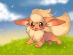  :3 :d blue_sky blurry blurry_background brown_eyes choko_(sweetpocket) cloud cloudy_sky commentary_request fang flareon fluffy full_body grass highres light_blush no_humans open_mouth orange_fur outdoors pawpads pokemon pokemon_(creature) pokemon_focus running sky smile solo 