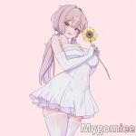  1girl absurdres blush breasts brown_hair choker commentary_request cowboy_shot double-parted_bangs dress elbow_gloves flower gloves grey_eyes highres holding holding_flower indie_virtual_youtuber large_breasts long_hair looking_at_viewer mygomiee open_mouth pink_background rapid17 short_dress smile solo strapless strapless_dress sunflower thighhighs twintails virtual_youtuber white_choker white_dress white_gloves white_thighhighs 