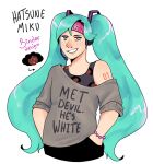  1girl :d aegyo_sal aqua_hair blue_eyes bracelet character_name character_print chest_binder commentary cowboy_shot curtained_hair english_commentary english_text goodforwho grey_sweater grin hairband hamilton_(musical) hand_in_pocket hands_in_pockets hatsune_miku headset highres jewelry looking_to_the_side off_shoulder parody print_sweater smile solo sweater thomas_jefferson twintails vocaloid 