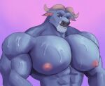 anthro big_muscles big_pecs bodily_fluids chief_bogo disney hi_res horn huge_muscles huge_pecs hyper hyper_muscles hyper_pecs male mariamame muscular muscular_anthro muscular_male nipples pecs pecs_focus solo sweat sweatdrop sweaty_body sweaty_pecs zootopia