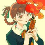  1girl a_kite bandaid bandaid_on_face bow bowtie braid braided_hair_rings brown_eyes brown_hair commentary english_commentary green_ribbon gun hair_rings highres holding holding_gun holding_weapon looking_up pendant_earring pink_nails red_bow red_bowtie ribbon sawa_(kite) smoke smoking_barrel solo tuzaixia upper_body weapon yellow_background 