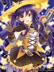  cape copyright_name elbow_gloves fang gloves gun hat junketsu_duelion long_hair mauve noel_dacquoise official_art open_mouth pleated_skirt purple_eyes skirt solo thighhighs translated weapon witch_hat yellow_eyes 