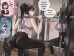  1girl alcohol ass barbell bare_shoulders beer beer_mug black_choker black_hair black_leggings black_shirt blanket blue_eyes blush breasts choker closed_eyes closed_mouth commentary crying cup english_commentary english_text exercising facial_mark facing_away heart heart_facial_mark highres leggings long_hair long_sleeves medium_breasts mirror mole mole_under_eye motion_lines mug nabi_(wonnikon) off-shoulder_shirt off_shoulder open_mouth original parted_lips ponytail purple_sports_bra reflection shirt smile smith_machine speech_bubble sports_bra sportswear squat_(exercise) squatting squiggle streaming_tears sweat tears thought_bubble under_covers wonnikon workout_clothes 