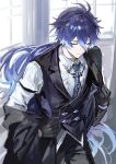 1boy absurdres alternate_costume black_gloves black_jacket black_pants blue_hair blue_necktie closed_eyes closed_mouth cowboy_shot flins_(genshin_impact) fractalmagnolia genshin_impact gloves hair_between_eyes highres jacket long_hair long_sleeves male_focus necktie pants removing_jacket shirt solo vest waistcoat white_shirt window 
