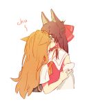  2girls animal_ear_fluff animal_ears bigreen blonde_hair bow brown_eyes brown_hair commentary dog_ears dog_girl frilled_hair_tubes frills hair_bow hair_tubes hakurei_reimu highres kemonomimi_mode kirisame_marisa kiss long_hair multiple_girls no_headwear red_bow short_sleeves simple_background touhou upper_body white_background yuri 