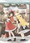  2girls absurdres back_bow bag baguette basket bell blonde_hair boots bow braid bread brown_bag brown_boots brown_eyes brown_hair capelet carrot chinese_commentary cowboy_shot dated dress food from_behind full_body fur-trimmed_shoes gift hair_bow hakurei_reimu half_up_braid highres holding holding_bag holding_basket kirisame_marisa large_bow long_hair long_sleeves looking_inside multiple_girls open_mouth petticoat pointing red_bow red_capelet red_dress shijiu_(shizuoxing) shirt shop shopping short_hair sign snow standing tomato touhou watermark white_bow white_shirt winter wispy_bangs wreath yellow_eyes 