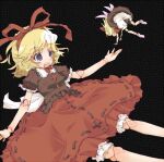  2girls black_background black_shirt blonde_hair bloomers blue_eyes collar doll_joints hair_ribbon hato_haru joints medicine_melancholy medium_hair multiple_girls open_mouth puffy_short_sleeves puffy_sleeves red_ribbon red_skirt ribbon ribbon_trim shirt short_sleeves skirt su-san teeth touhou upper_teeth_only white_collar 