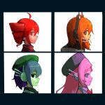  4girls a.i._voice adachi_rei ahoge album_cover_redraw beret black_eyes black_shirt black_sweater bow bowtie closed_mouth collared_dress collared_shirt demon_days_(gorillaz) derivative_work dress drill_hair gorillaz green_hat grey_eyes hat headlamp headphones highres jacket kasane_teto long_hair looking_to_the_side medium_hair momone_momo multiple_girls orange_eyes orange_hair parodysenyou pink_hair purple_hair radio_antenna red_bow red_bowtie red_eyes red_hair shirt short_hair smile sweater teeth trait_connection turtleneck turtleneck_sweater utane_uta utau white_jacket 