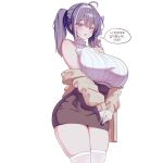  1girl ahoge bare_shoulders black_skirt breasts brown_cardigan cardigan cardigan_partially_removed commentary_request cowboy_shot double-parted_bangs highres huge_breasts indie_virtual_youtuber korean_commentary korean_text long_hair long_sleeves looking_at_viewer mimyo_(vtuber) miniskirt open_mouth own_hands_together ponytail purple_eyes purple_hair rapid17 ribbed_sweater simple_background skindentation skirt sleeveless sleeveless_sweater sleeveless_turtleneck solo speech_bubble sweater talking thighhighs thighs translation_request transparent_background turtleneck turtleneck_sweater virtual_youtuber white_sweater white_thighhighs 