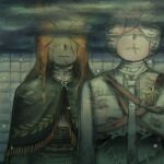  2boys aleph_(reverse:1999) bandaged_head bandages black_cape braid broken_mask cape covered_eyes covered_face cracked_mask fortunemagex grey_mask highres male_focus mask merlin_(reverse:1999) multiple_boys red_hair reflection reverse:1999 scar scar_on_face scar_on_mouth the_idealist_(reverse:1999) tool_kit underwater 