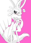 2022 alien amateru_kai ambiguous_anthro ambiguous_gender anthro antlers bandage biped black_sclera blush blush_lines bodily_fluids chest_tuft chinchilla chinchillid countershade_torso countershading digital_drawing_(artwork) digital_media_(artwork) digitigrade emanata fecto_elfilis fingernails fluffy fluffy_tail frustration_cloud full-length_portrait head_wings hi_res horn huge_wings japanese_description kirby_(series) mammal monochrome mostly_nude_ambiguous mostly_nude_anthro mouthless nails narrowed_eyes neck_tuft nintendo nipple_tape pasties pink_background portrait pupils pussy_tape rodent simple_background solo speech_bubble starling_(kirby) sweat sweatdrop tail tape three-quarter_view tuft unusual_wing_placement wings