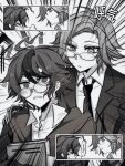  ... 2boys :t ahoge alternate_costume anger_vein aotsuki_eito bespectacled blush book chinese_commentary chinese_text closed_eyes closed_mouth collared_shirt commentary_request e880444865 emphasis_lines expressionless fang glasses gloves greyscale hair_ornament hand_on_another's_shoulder height_difference highres holding holding_book jacket lapels long_sleeves male_focus monochrome multicolored_hair multiple_boys necktie notched_lapels open_mouth puff_of_air rabbit_hair_ornament school_uniform shirt short_hair skin_fang speech_bubble spoken_ellipsis streaked_hair sumino_takumi surprised the_hundred_line_-last_defense_academy- translation_request two-tone_hair white_shirt yaoi 