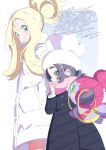  2girls ansha_(pokemon) black_coat black_hair blonde_hair blue_eyes blush braid closed_mouth coat colored_sclera green_eyes hair_between_eyes hands_in_pockets hat highres hoopa hoopa_(confined) horns korrina_(pokemon) long_hair long_sleeves multiple_girls pink_scarf pokemon pokemon_(creature) pokemon_legends:_z-a ponytail scarf serizawa_serizane smile white_coat white_hat winter_clothes winter_coat yellow_sclera 