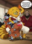 absurd_res andromorph anthro arms_tied asian_clothing audience barazoku beard belly bent_over big_butt black_hair blue_body blush bottomwear bound butt butt_slap carpet_shark chair clothing confusion dojo domestic_cat duo east_asian_clothing embarrassed english_text facial_hair felid feline felis fish footwear forced fur furniture group hair hands_behind_back hi_res human humanoid humiliation intersex japanese_clothing jinbe kimono laugh long_hair male male/male mammal marine mink minkmen_(one_piece) mustelid musteline nekomamushi on_chair one_piece osito769 otk robe sandals shark shoes sitting sitting_on_chair slap slightly_chubby smoking smoking_pipe spanking spanking_mark text torn_bottomwear torn_clothing torn_underwear true_musteline underwear whale_shark yellow_body yellow_fur